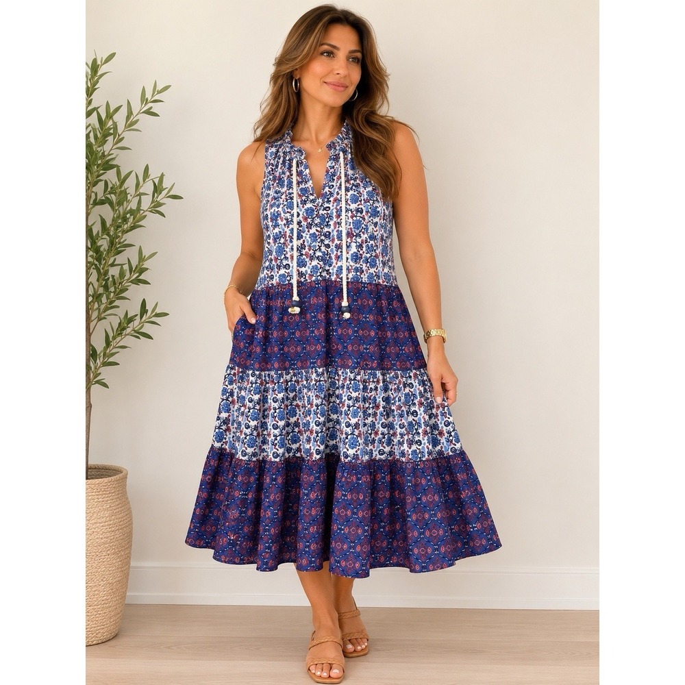Vici Blue Floral Mixed Print Tiered Sleeveless Boho Midi Dress with Tassels